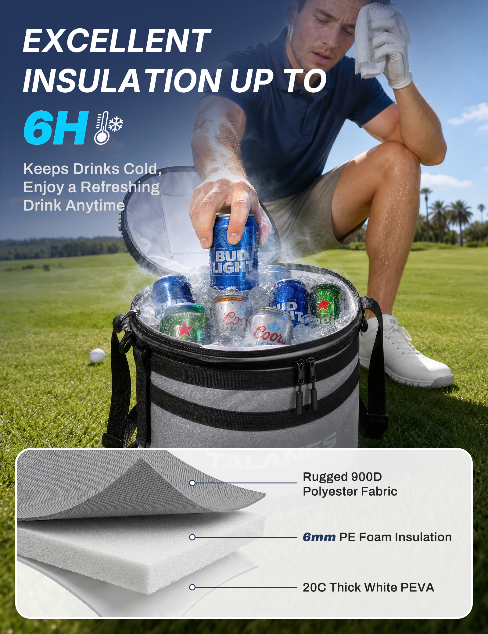 Talanes 14-Can Insulated Golf Cart Cooler Bag Keeps Beverages Cold | Large Golf Cooler Sleeve with Adjustable Shoulder Strap & Collapsible Design, Ideal Gift for Golfers