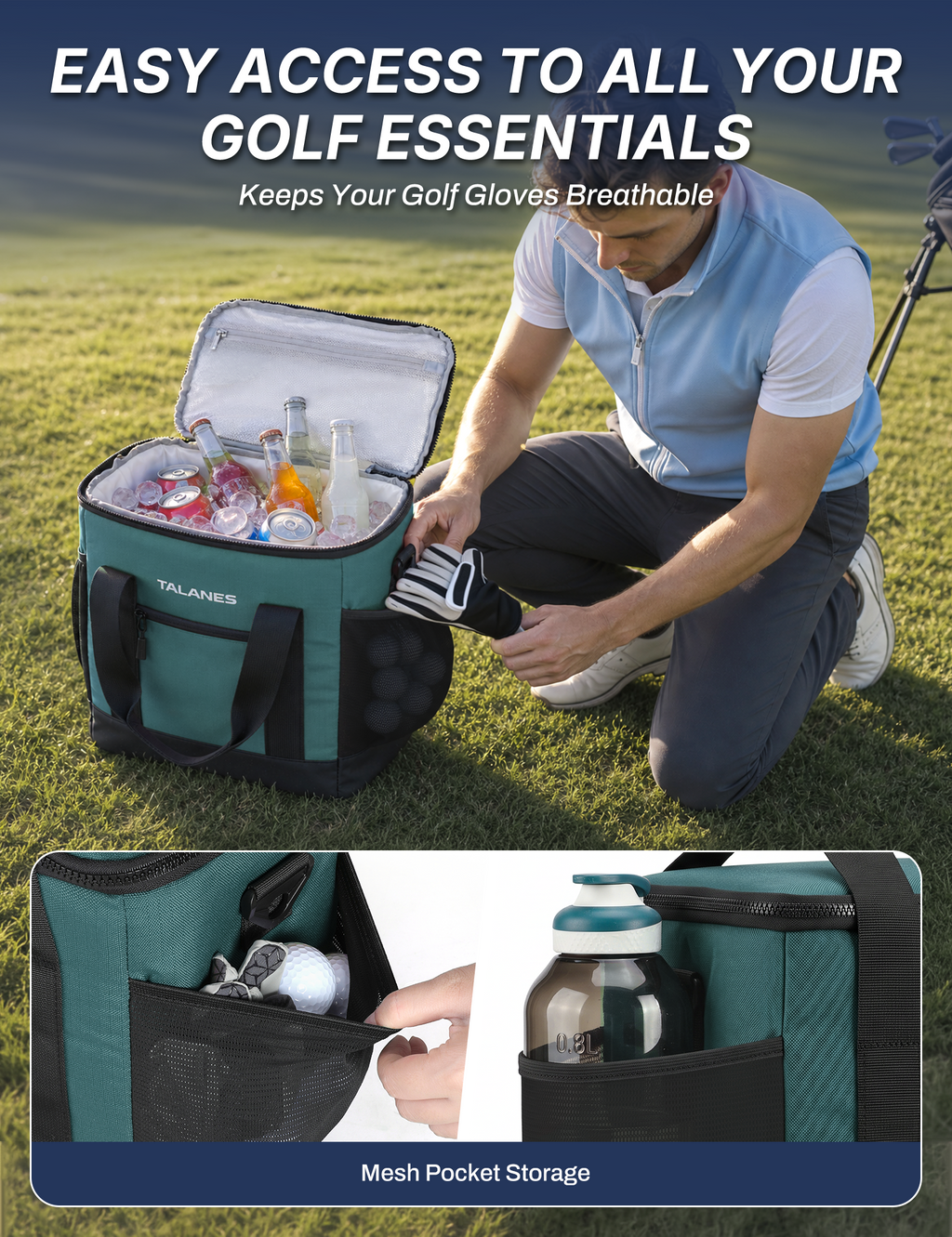 Talanes Golf Cart Cooler Bag, 24-Can Soft Sided Ice Chest | Spacious Collapsible Insulated Cooler with Multi-Pocket Storage & Versatile Carry Options for Golf Outings