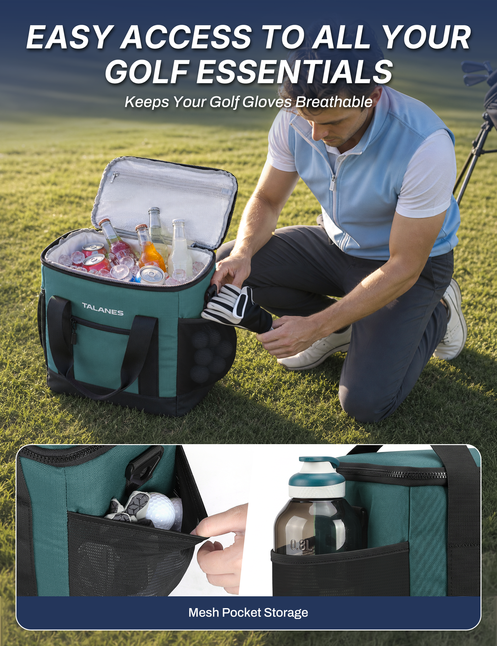 Talanes Golf Cart Cooler Bag, 24-Can Soft Sided Ice Chest | Spacious Collapsible Insulated Cooler with Multi-Pocket Storage & Versatile Carry Options for Golf Outings