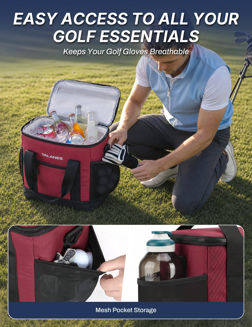 Talanes Golf Cart Cooler Bag, 24-Can Soft Sided Ice Chest | Spacious Collapsible Insulated Cooler with Multi-Pocket Storage & Versatile Carry Options for Golf Outings