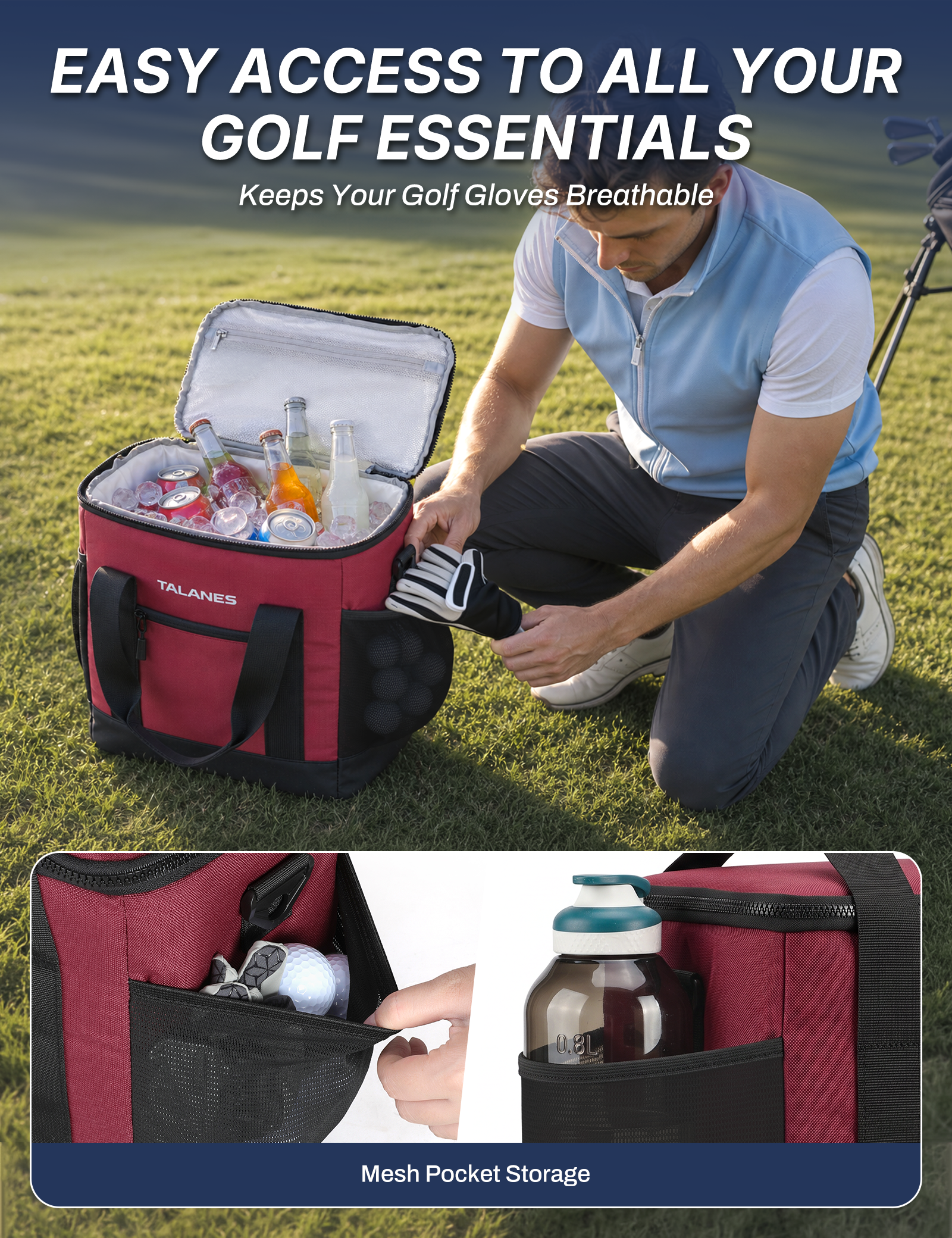 Talanes Golf Cart Cooler Bag, 24-Can Soft Sided Ice Chest | Spacious Collapsible Insulated Cooler with Multi-Pocket Storage & Versatile Carry Options for Golf Outings