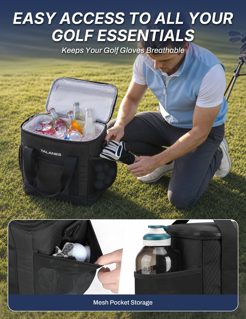 Talanes Golf Cart Cooler Bag, 24-Can Soft Sided Ice Chest | Spacious Collapsible Insulated Cooler with Multi-Pocket Storage & Versatile Carry Options for Golf Outings