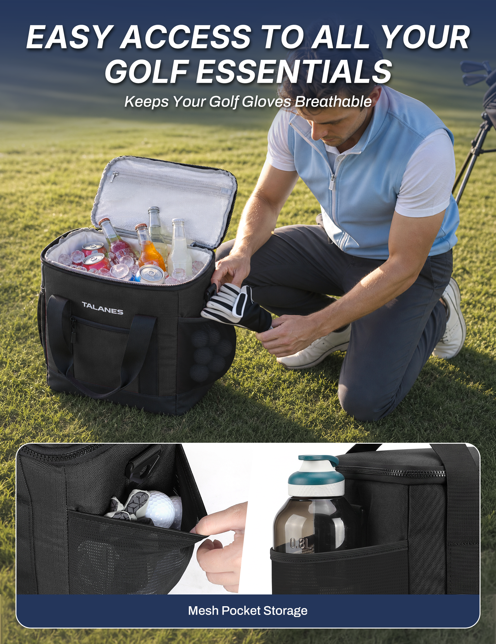 Talanes Golf Cart Cooler Bag, 24-Can Soft Sided Ice Chest | Spacious Collapsible Insulated Cooler with Multi-Pocket Storage & Versatile Carry Options for Golf Outings