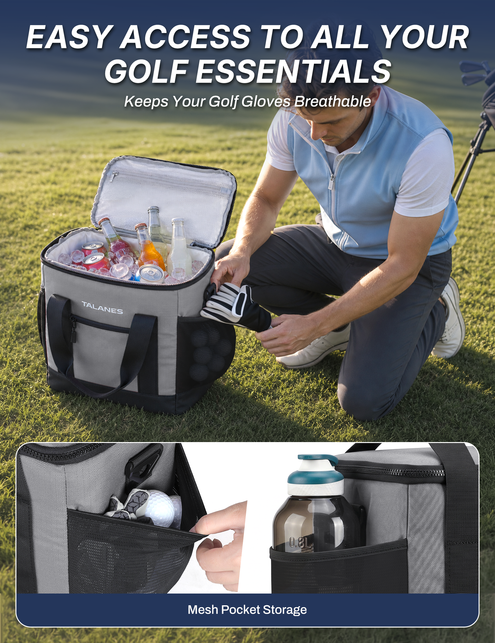 Talanes Golf Cart Cooler Bag, 24-Can Soft Sided Ice Chest | Spacious Collapsible Insulated Cooler with Multi-Pocket Storage & Versatile Carry Options for Golf Outings