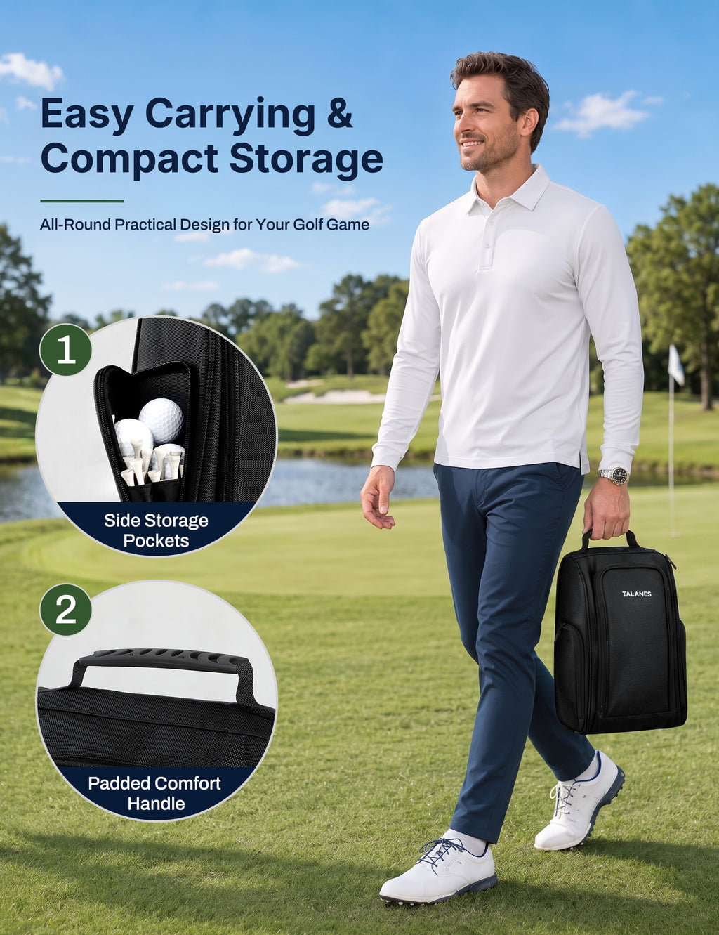 Talanes Ventilated Golf Shoe Bag with 2 Zip Side Pockets
