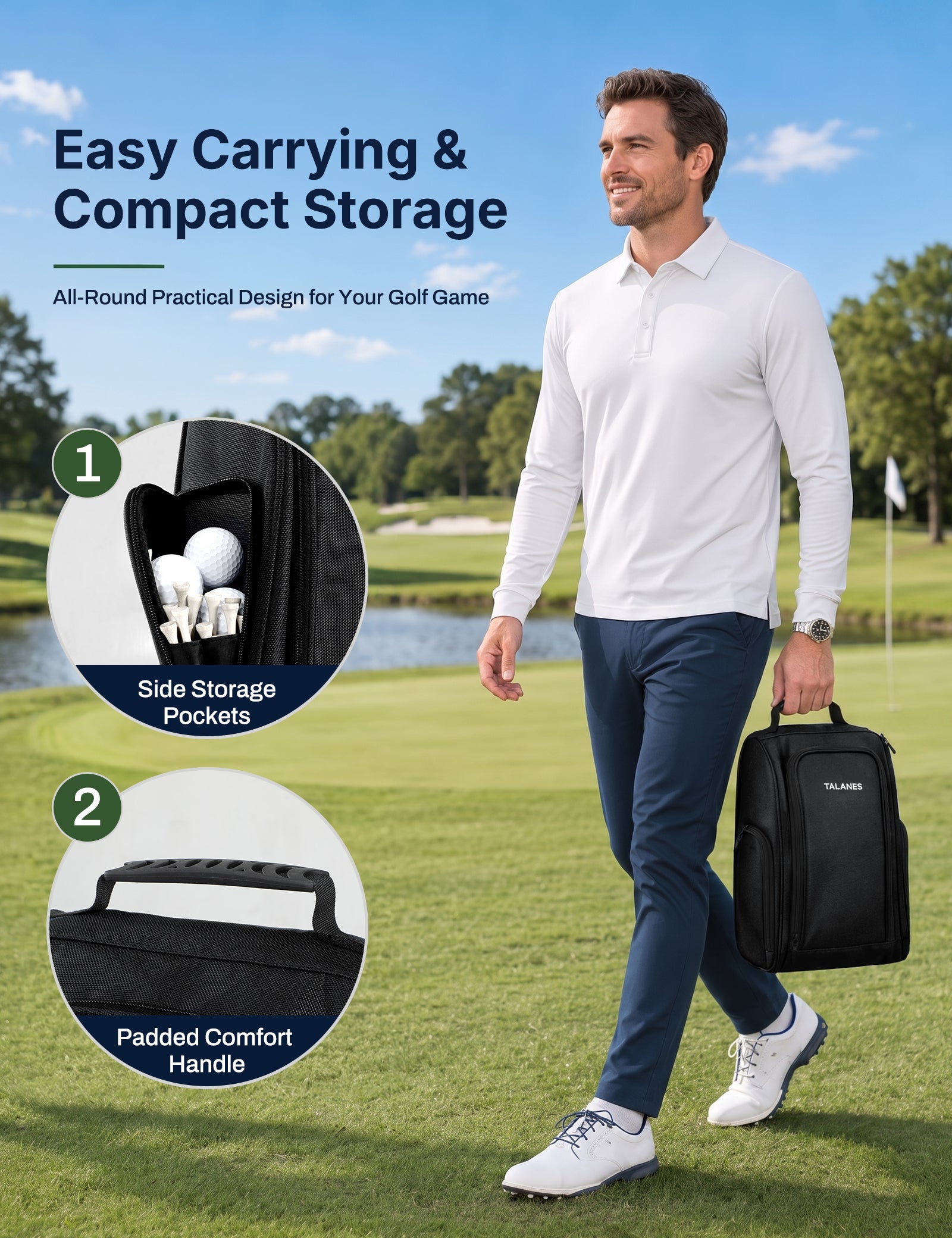 Talanes Ventilated Golf Shoe Bag with 2 Zip Side Pockets