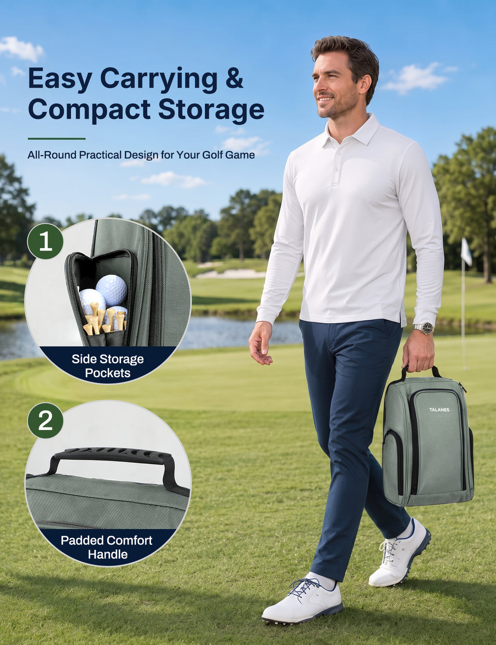 Talanes Ventilated Golf Shoe Bag with 2 Zip Side Pockets