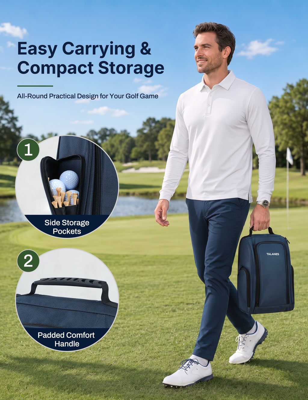 Talanes Ventilated Golf Shoe Bag with 2 Zip Side Pockets